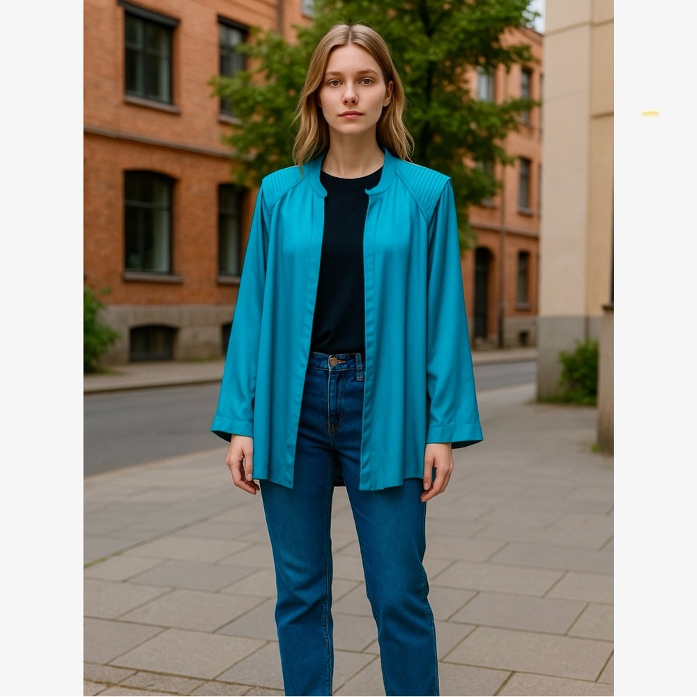 Joanie Char Vintage Teal Silk Open Front Kimono Cardigan Jacket